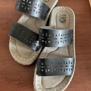 Earth Spirit Black Slip On Leather Womens Sandals Comfort Wedge Summer